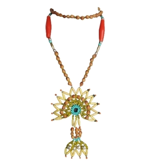 Southwestern Faux Stone Beaded Tan Turquoise Arch Burst Necklace 34" - Picture 1 of 9